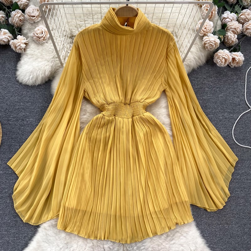 Pleated Flared Sleeve Turtleneck Dress Image 3