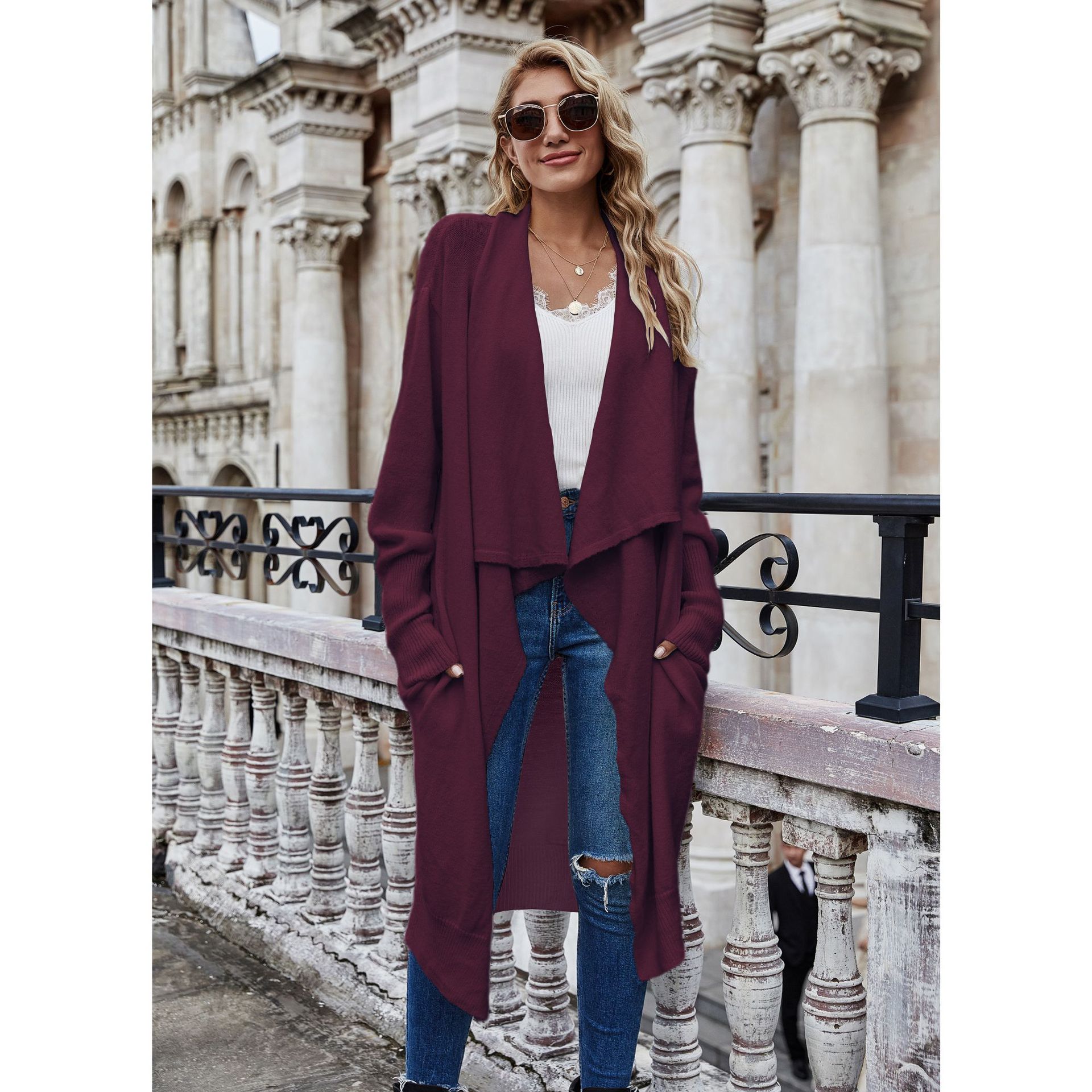 Plus Size Women's Long Fashion Temperament OL Knitted Coat 3