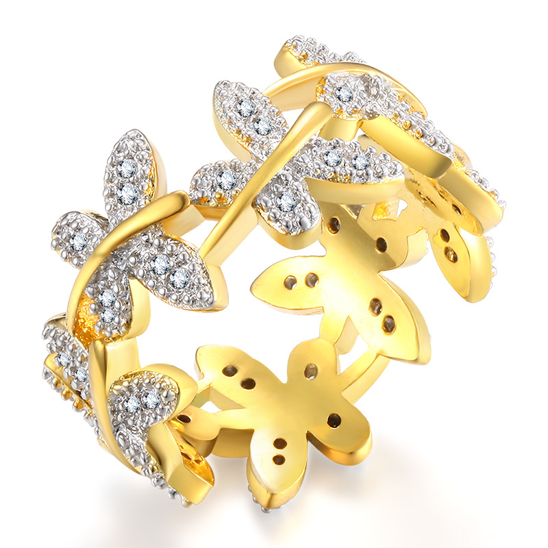 Butterfly Points Female Flower Plated Real Gold Ring