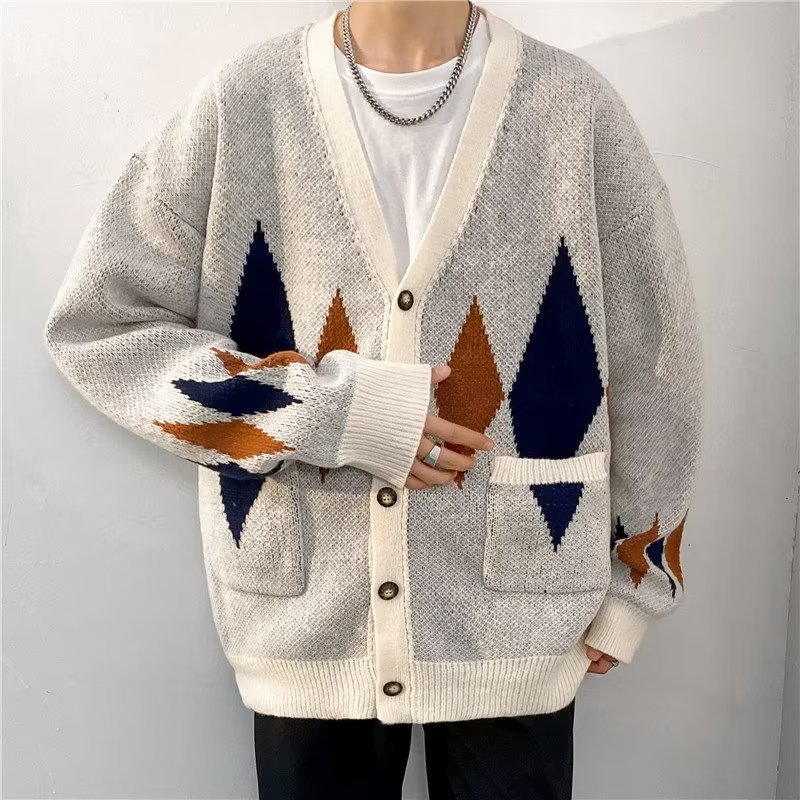 Retro Diamond Lattice Cardigan Sweater Image 3