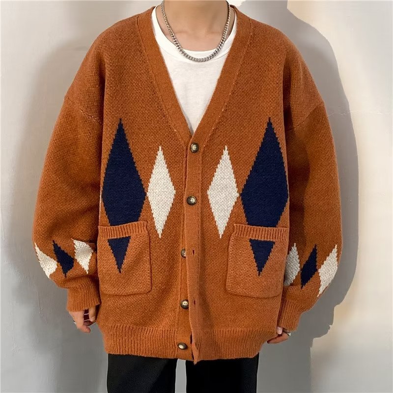 Retro Diamond Lattice Cardigan Sweater Image 6