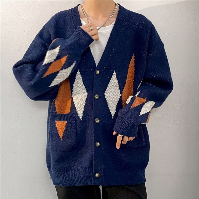 Retro Diamond Lattice Cardigan Sweater Image 5