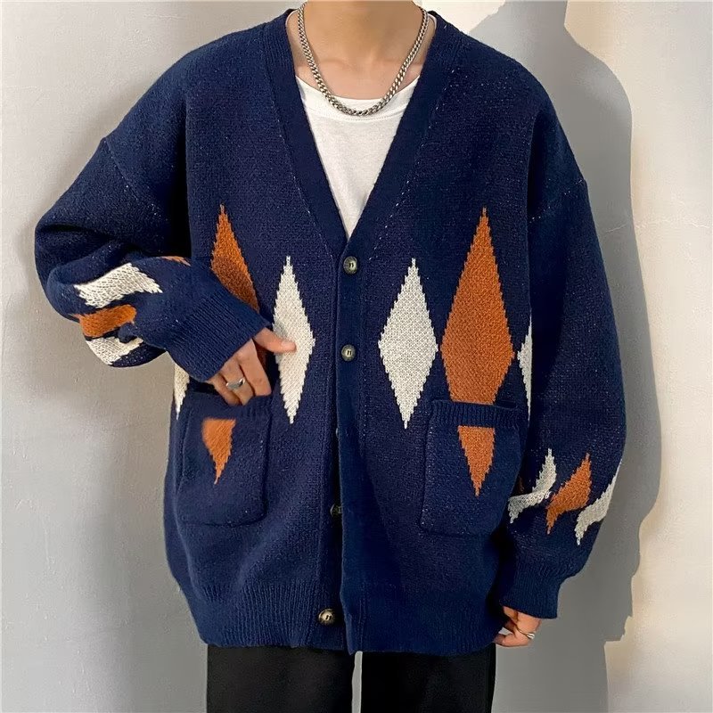 Retro Diamond Lattice Cardigan Sweater Image 7