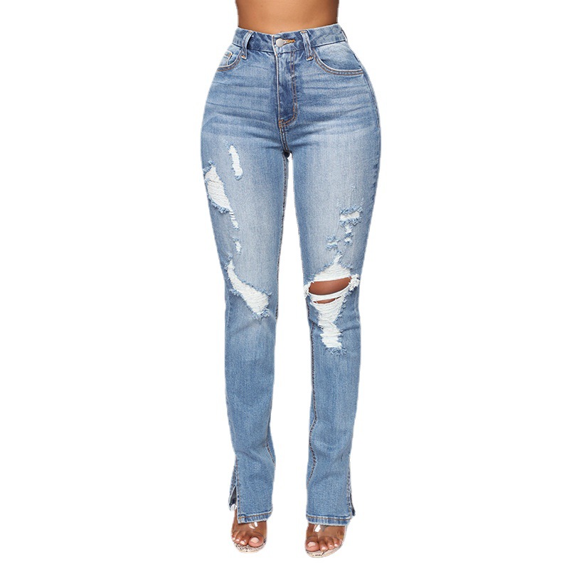 Split Jeans Women Blue Water Washed Hole High Waist