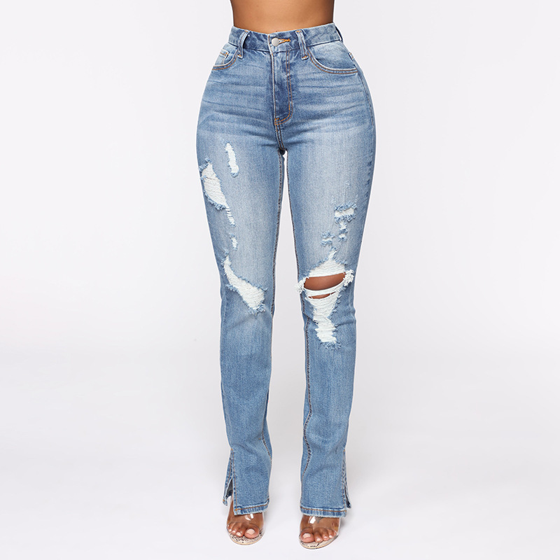 Split Jeans Women Blue Water Washed Hole High Waist
