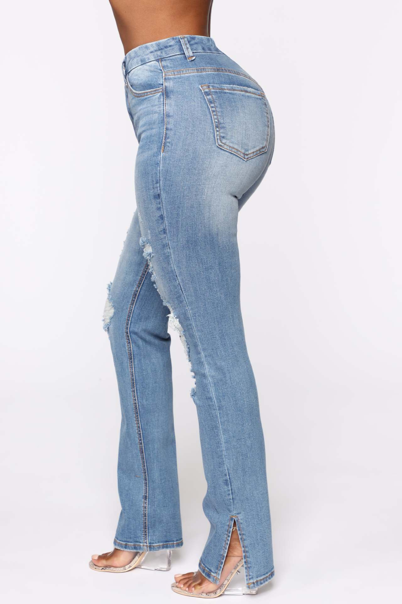 Split Jeans Women Blue Water Washed Hole High Waist