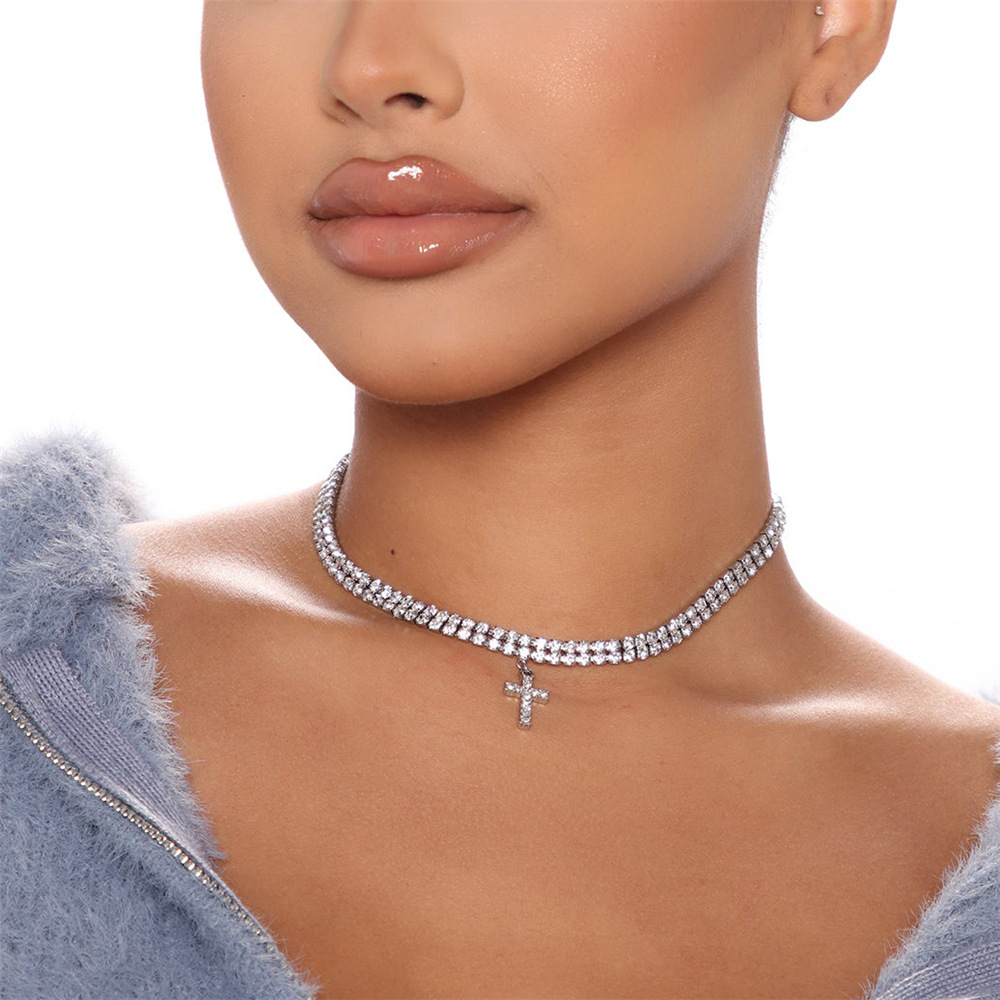Rhinestone Cross Pendant Necklace Detail