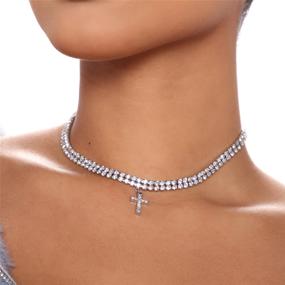 Rhinestone Cross Pendant Necklace Silver
