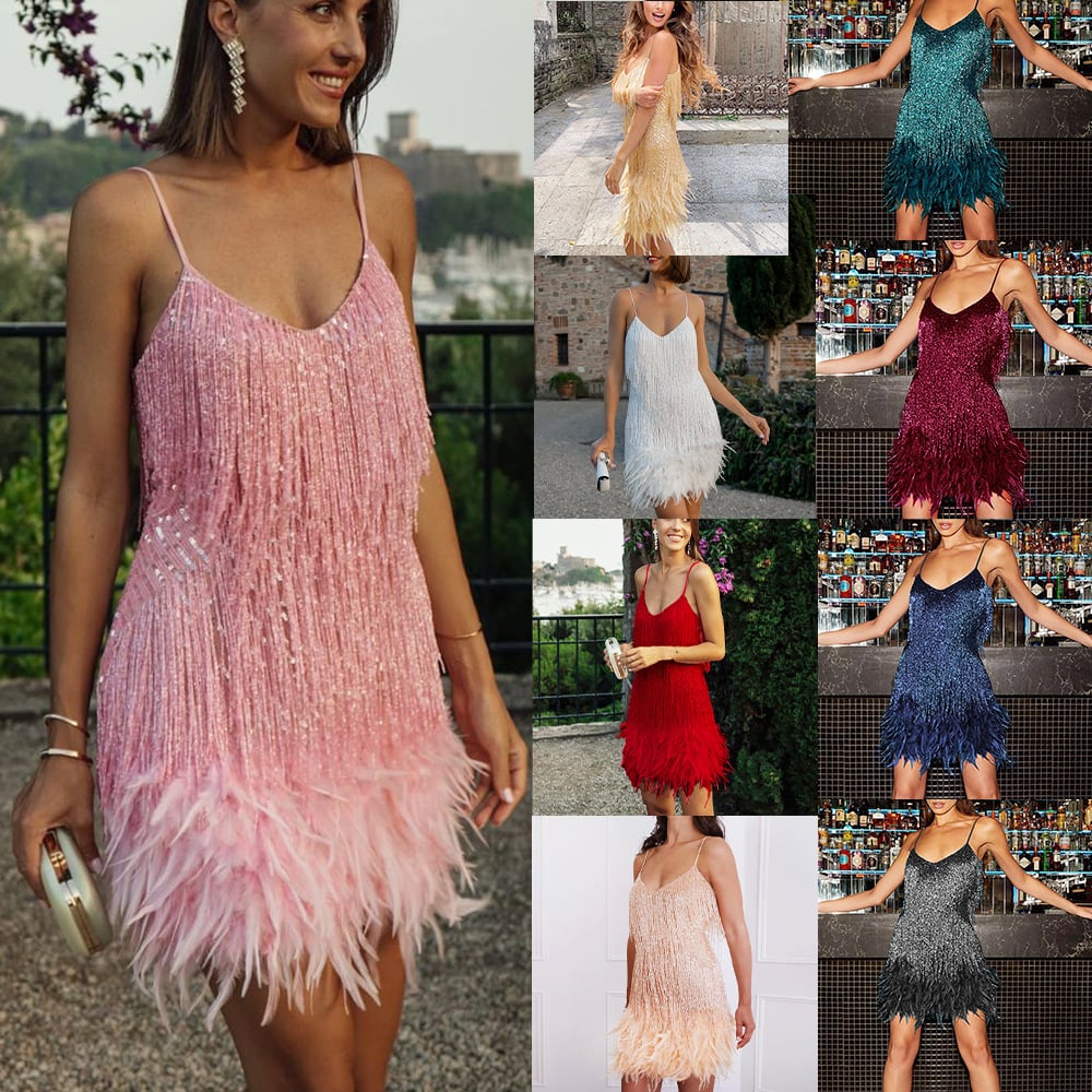 Tassel Stitching Feather Sequins Dress