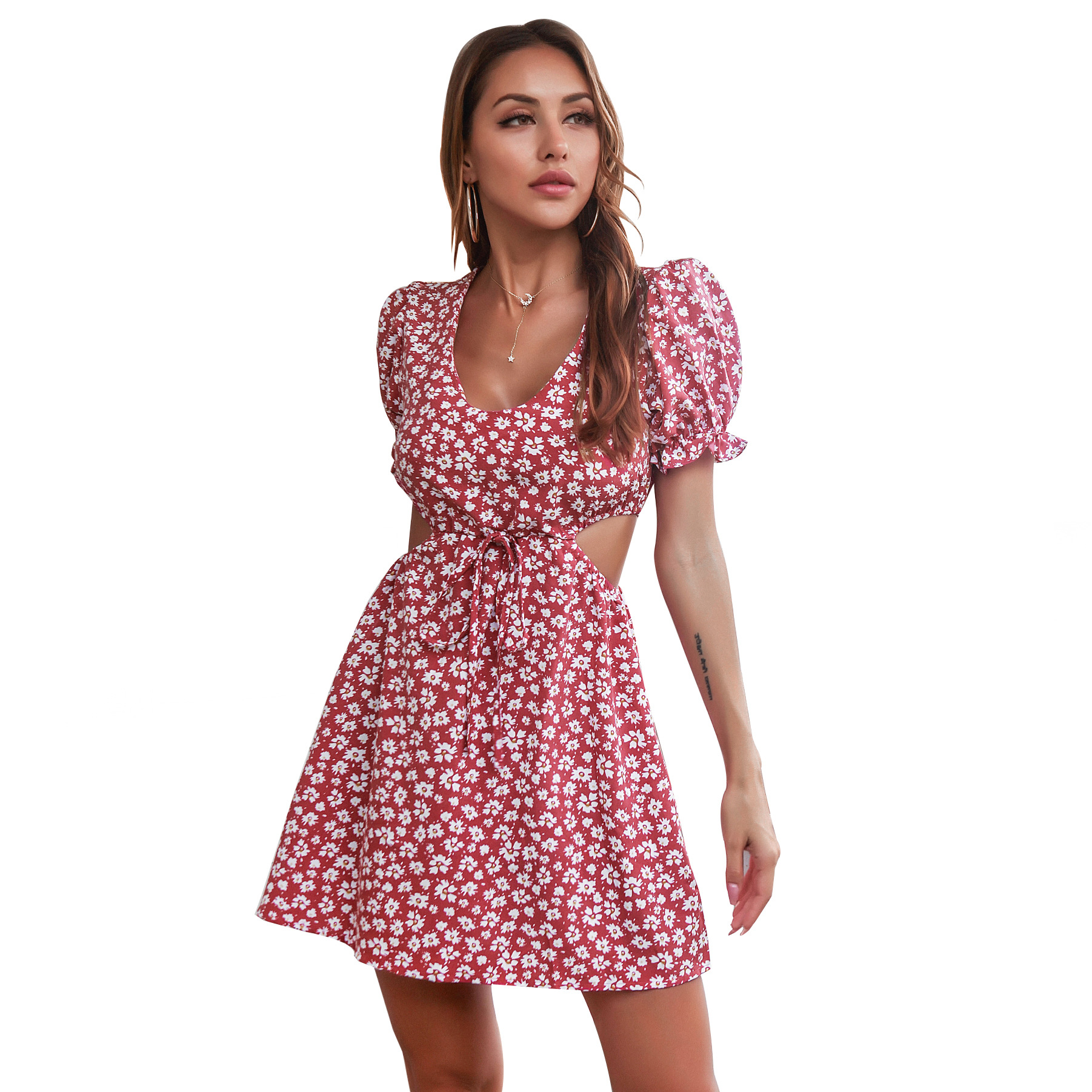 Puff Sleeve Midriff Outfit Floral Dress 5