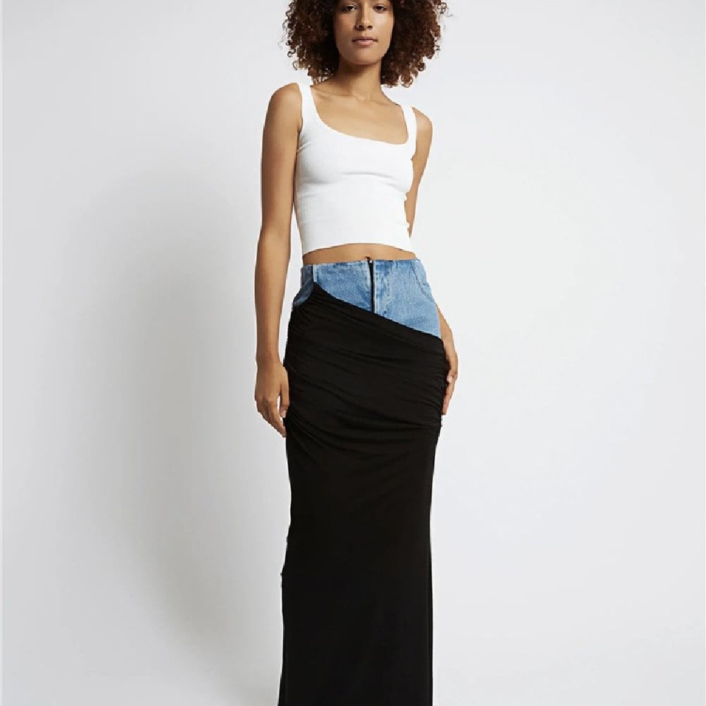 Fashion Black Panel Denim Skirt 2