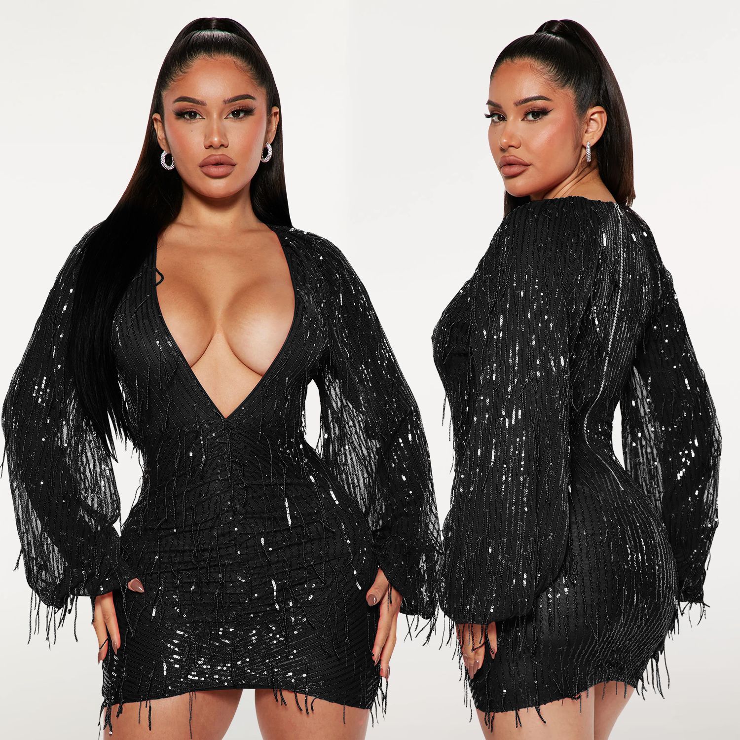 V-neck Sequin Tassel Dress