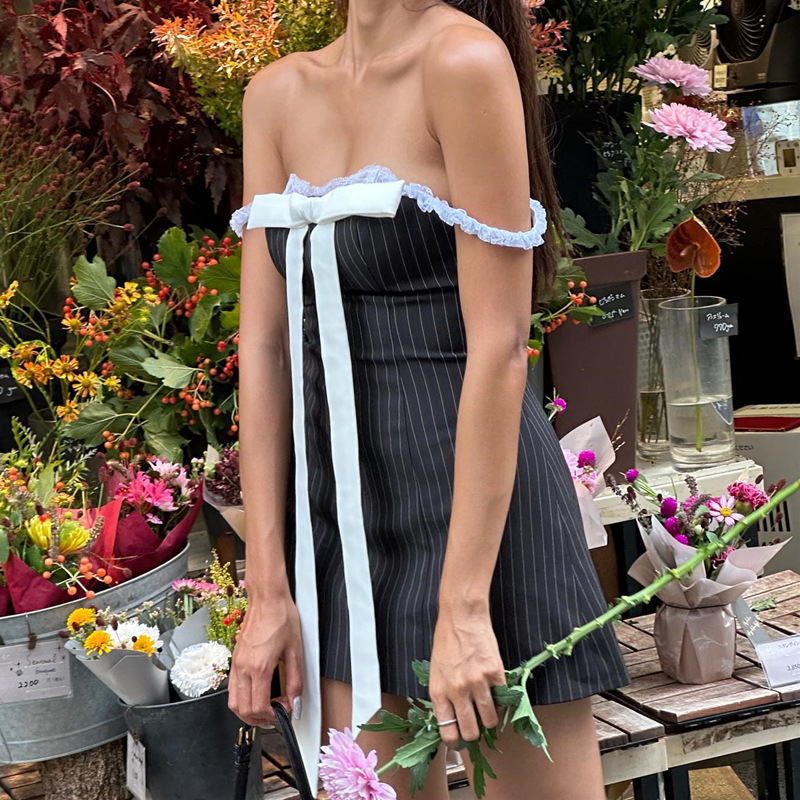 Summer Pure Bow Self-tie Lace Tube Top Dress