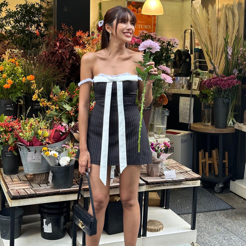 Summer Pure Bow Self-tie Lace Tube Top Dress