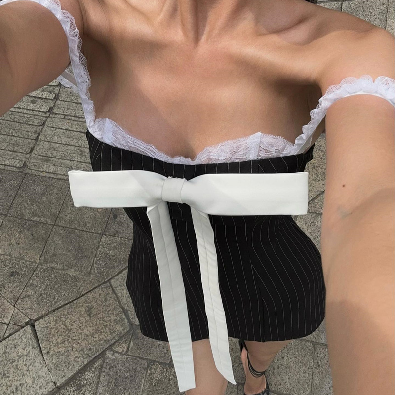 Summer Pure Bow Self-tie Lace Tube Top Dress