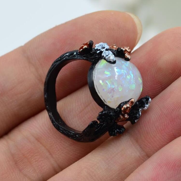 Vintage Flower Opal Black Gold Ring 8