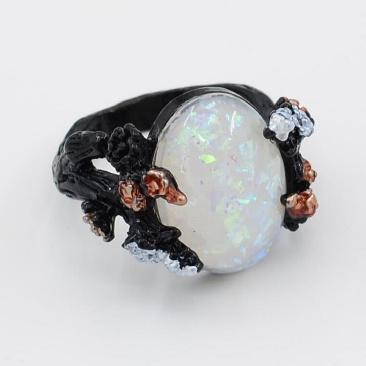 Vintage Flower Opal Black Gold Ring 9