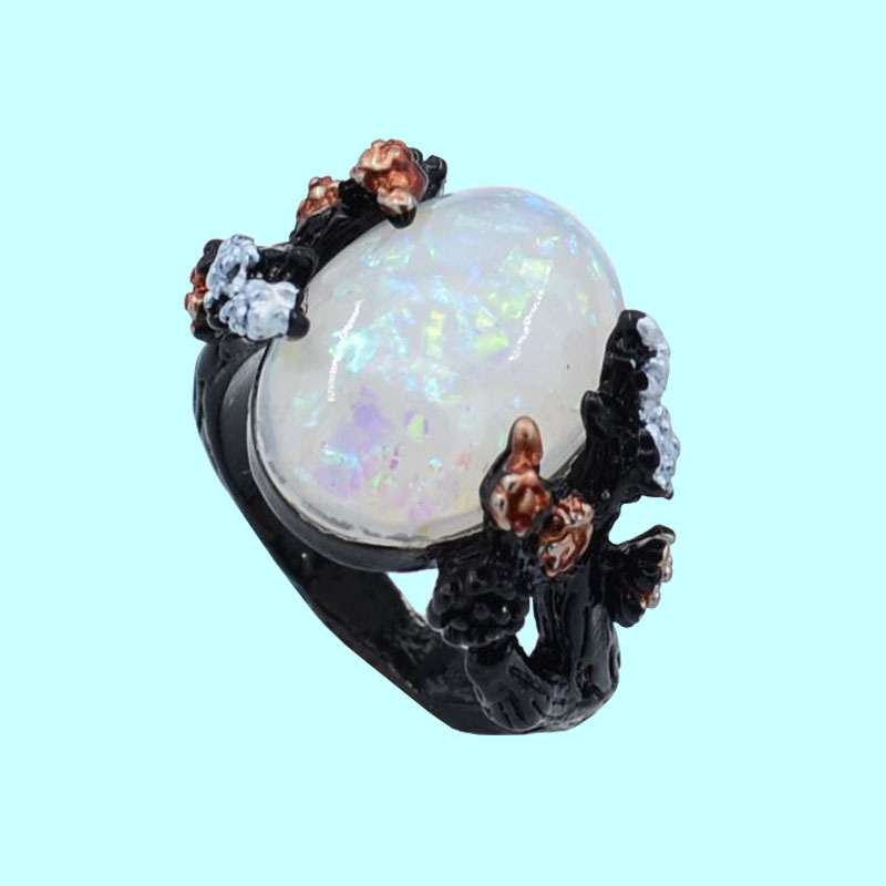 Vintage Flower Opal Black Gold Ring 4
