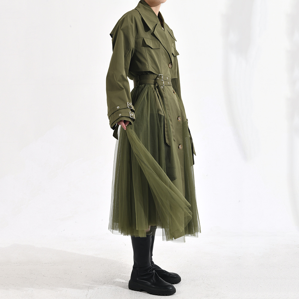 Women's Korean-style Mesh Stitching Green Windbreaker Coat