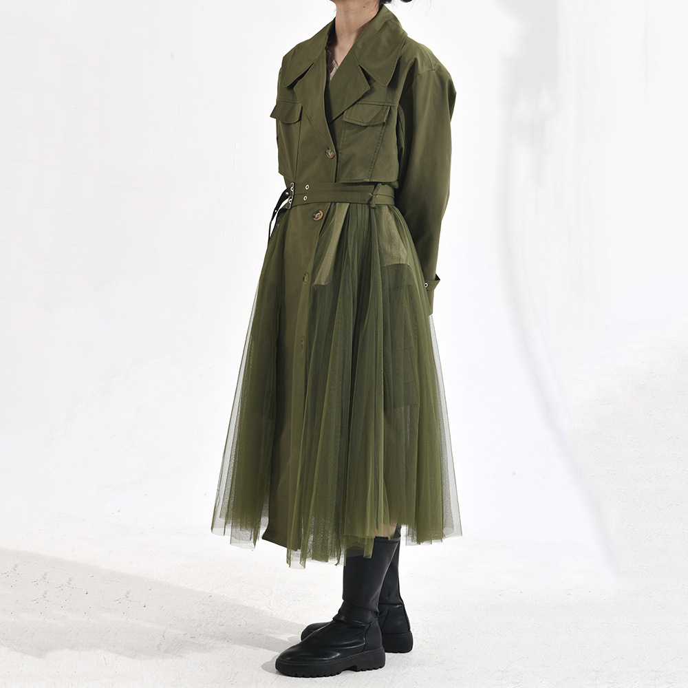 Women's Korean-style Mesh Stitching Green Windbreaker Coat