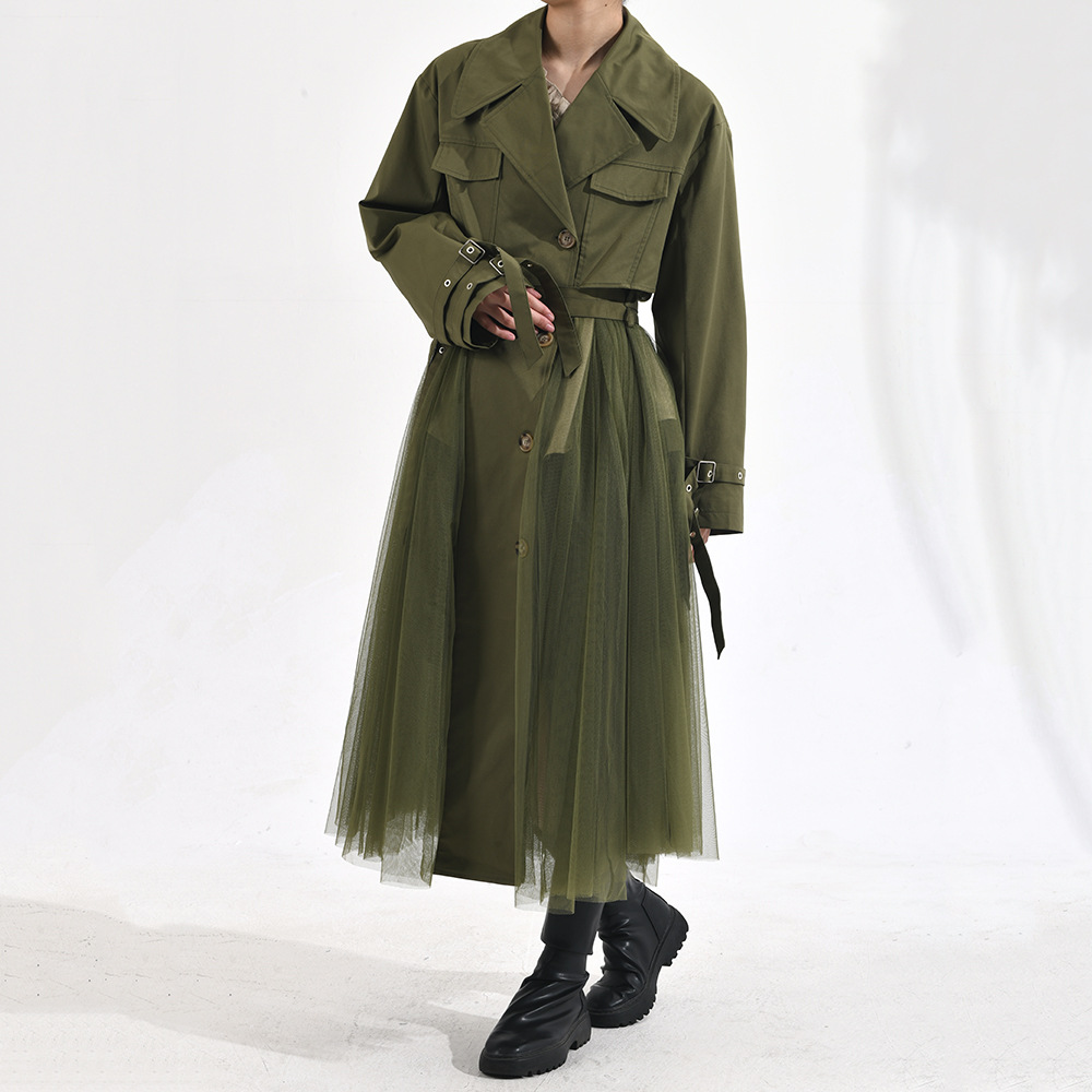 Women's Korean-style Mesh Stitching Green Windbreaker Coat