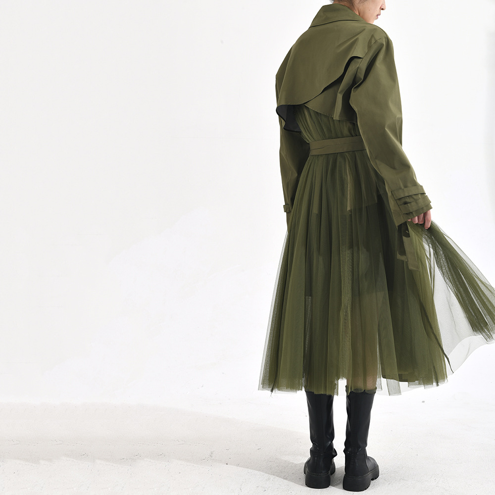 Women's Korean-style Mesh Stitching Green Windbreaker Coat