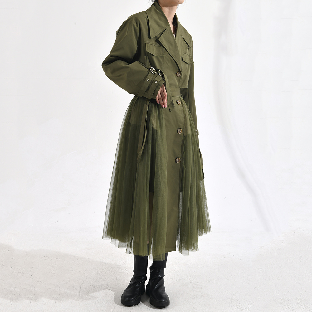 Women's Korean-style Mesh Stitching Green Windbreaker Coat