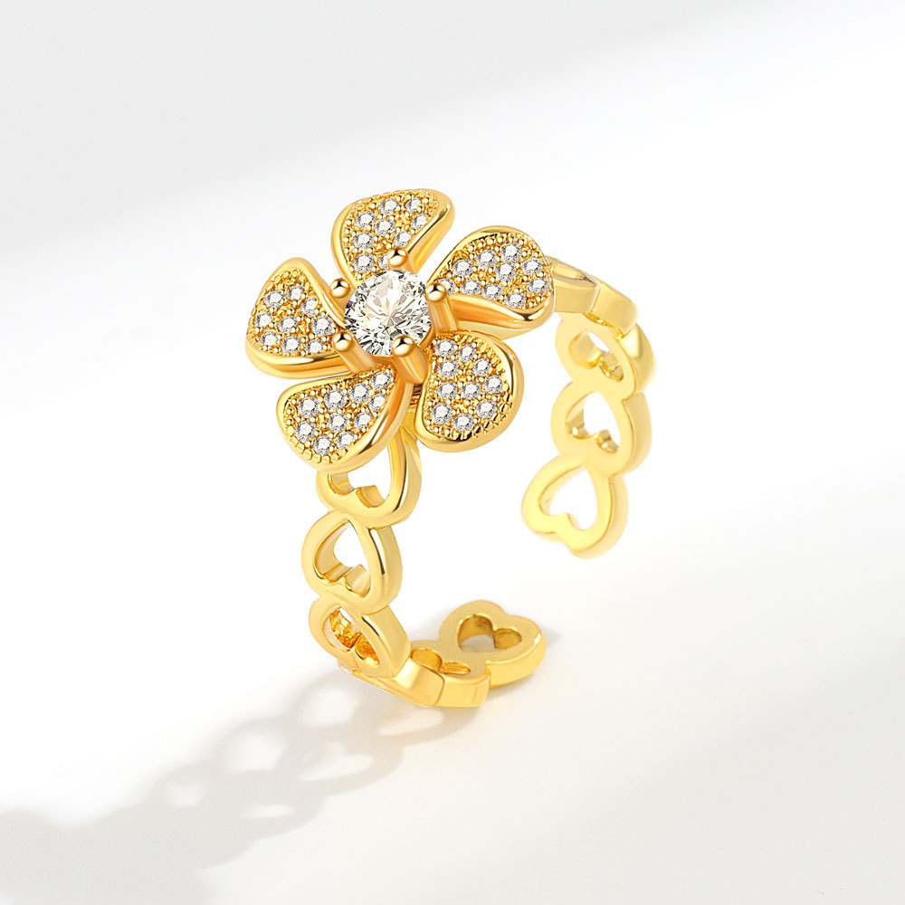 Women's Simple Fashion Micro Inlay Rotatable Flower Ring - Adjustable Feature