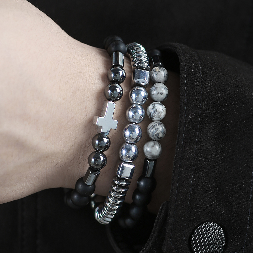 Men's Beaded Haematite Cross Bracelet 1