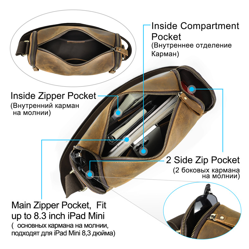 Retro Crazy Horse Leather Messenger Bag Image 3