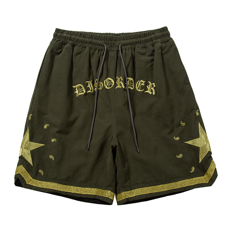 Cashew Flower Gold Embroidery Shorts - Army Green