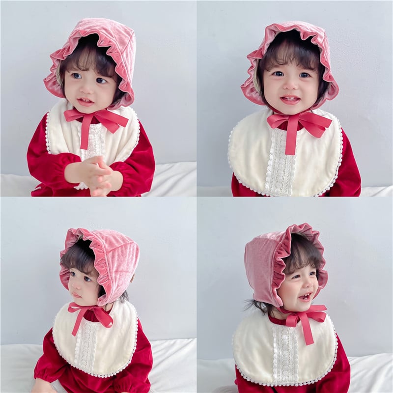 Gold Velvet Wooden Ear Baby Beanie Cap Leather Pink