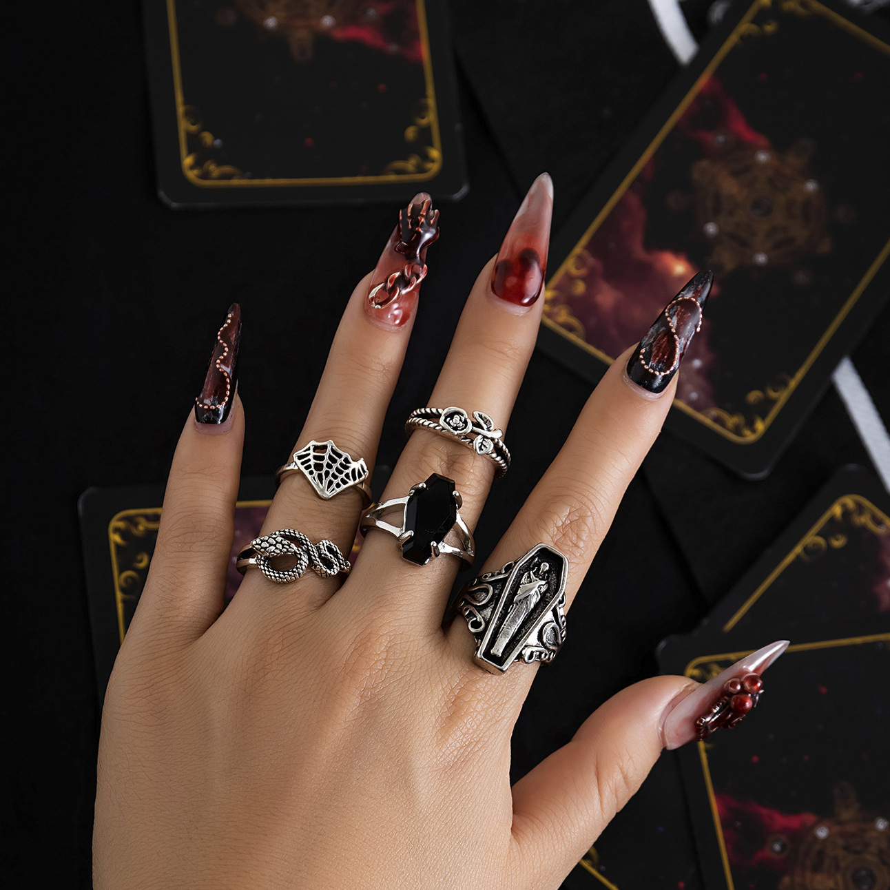 Dark Punk Retro Joint Carved Bat Ring Image 9