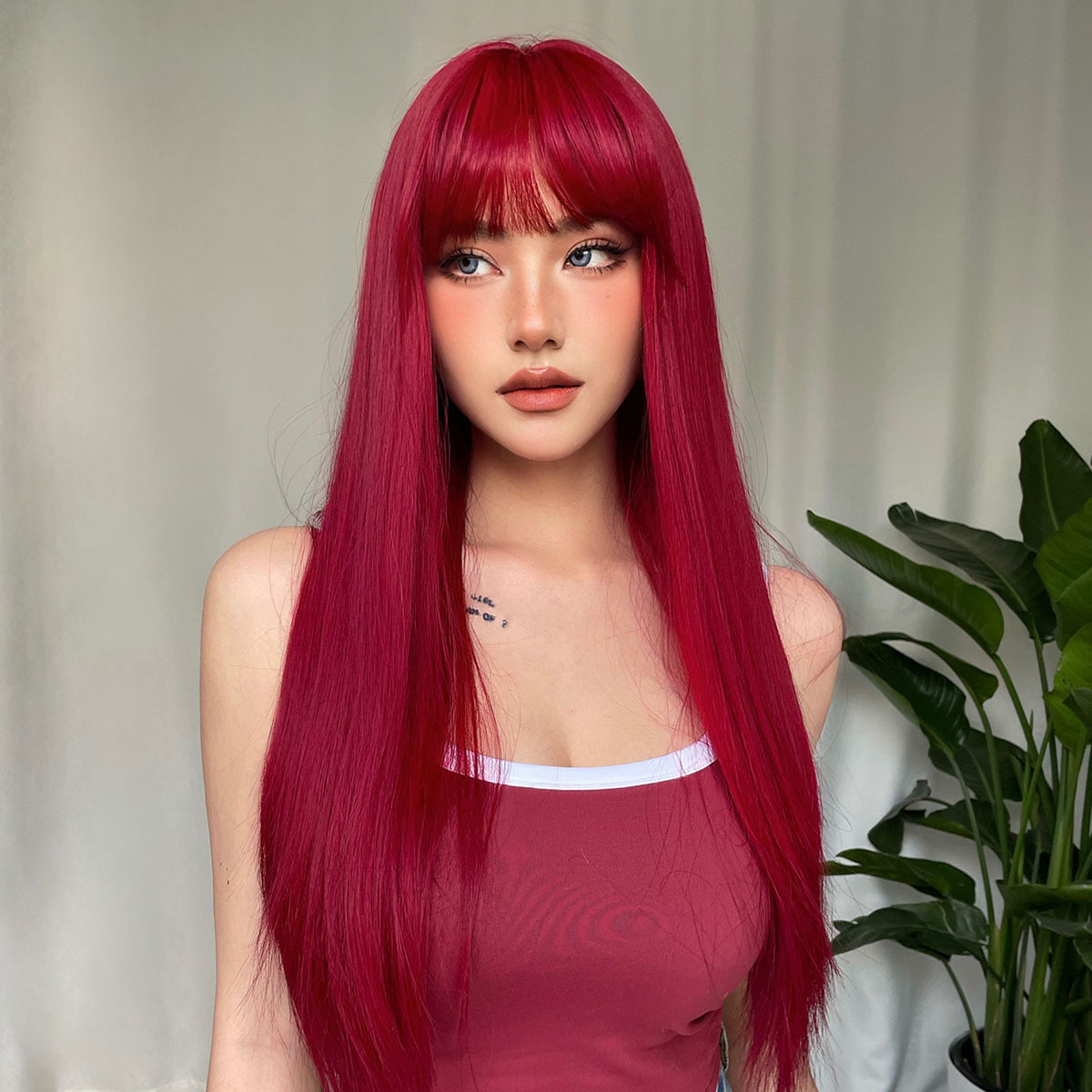 Red Long Straight Wig Image 6