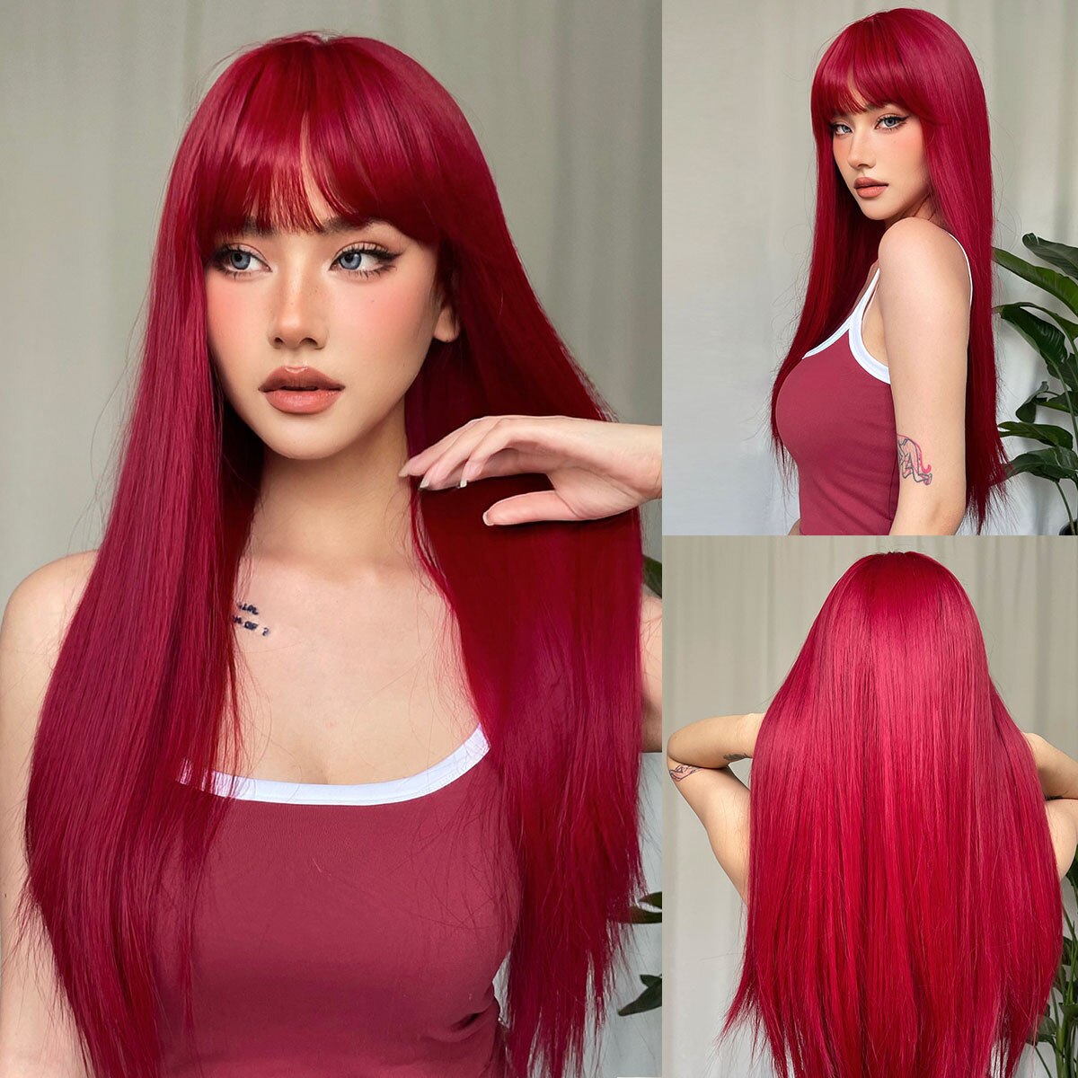 Red Long Straight Wig Image 1