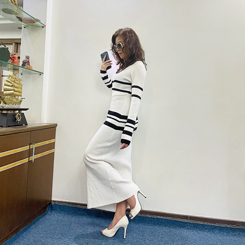 Slim-fit Woolen Skirt Striped Dress Image 7
