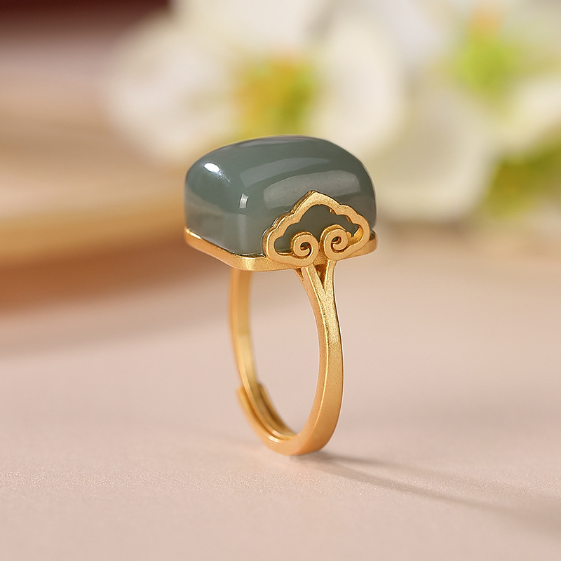 Women's Fashion Sterling Silver Gold Plated Hetian Jade Ring 1