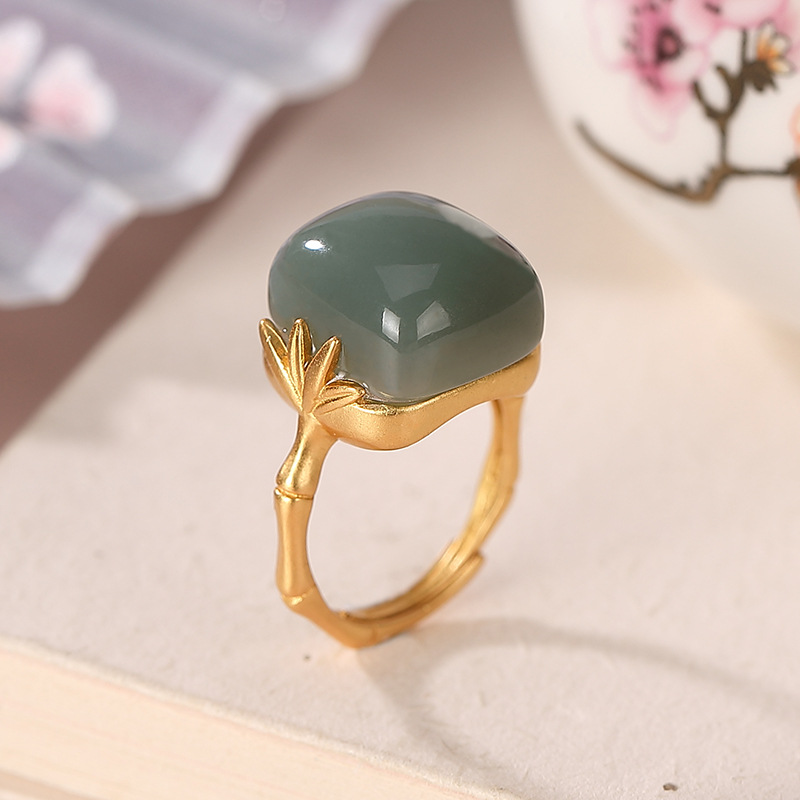 Women's Fashion Sterling Silver Gold Plated Hetian Jade Ring 3