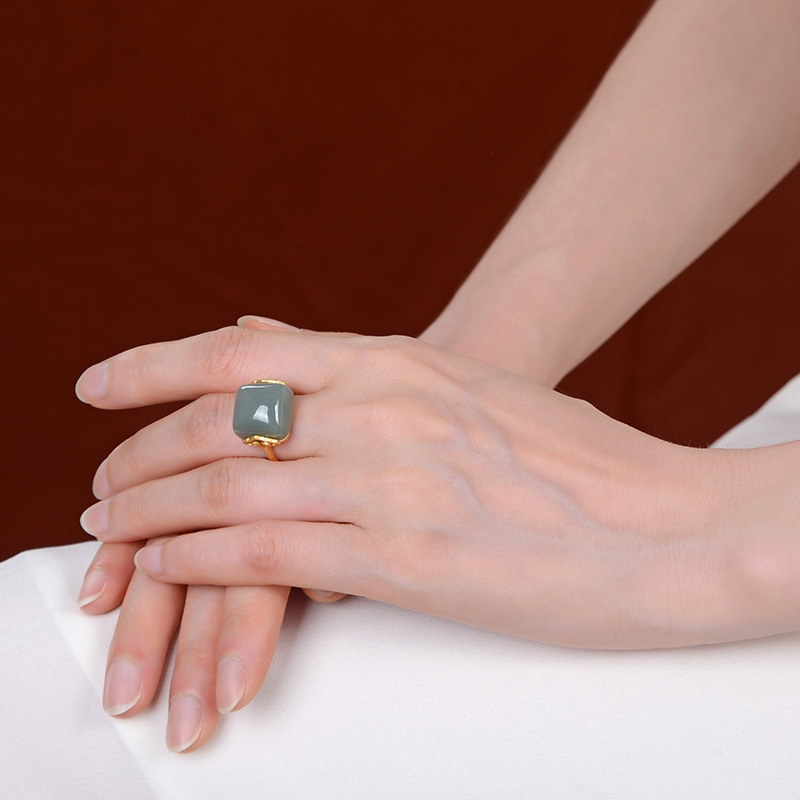 Women's Fashion Sterling Silver Gold Plated Hetian Jade Ring 2