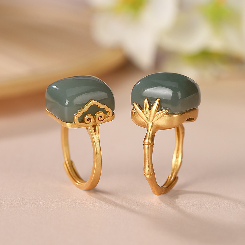 Women's Fashion Sterling Silver Gold Plated Hetian Jade Ring 6