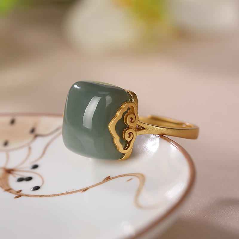 Women's Fashion Sterling Silver Gold Plated Hetian Jade Ring 4