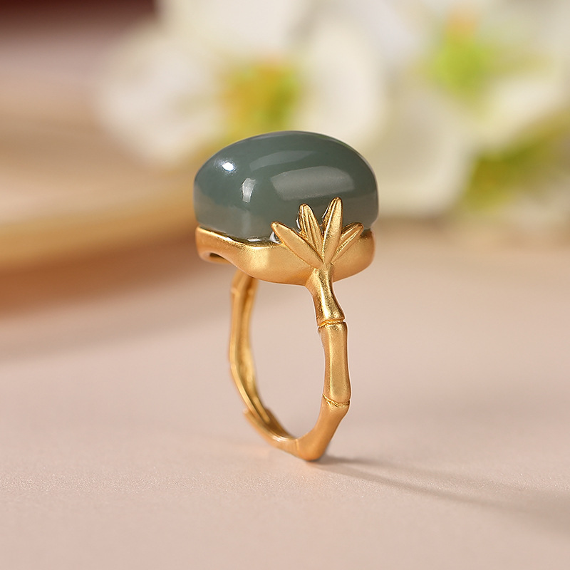 Women's Fashion Sterling Silver Gold Plated Hetian Jade Ring 5