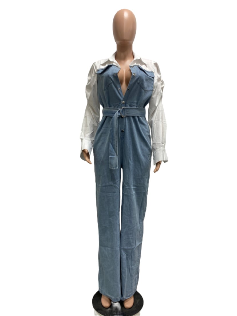 Casual Denim Stitching Plus Size Jumpsuit 4