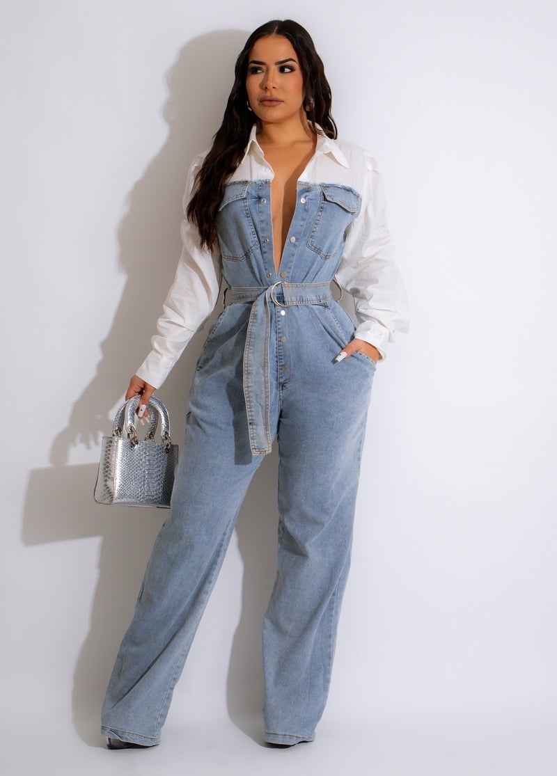 Casual Denim Stitching Plus Size Jumpsuit 6