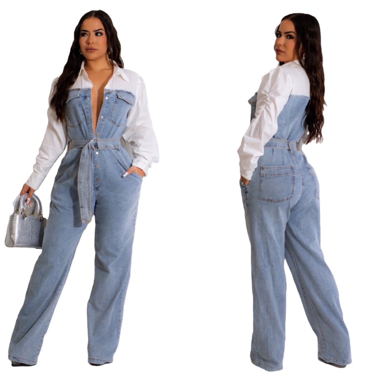 Casual Denim Stitching Plus Size Jumpsuit 7