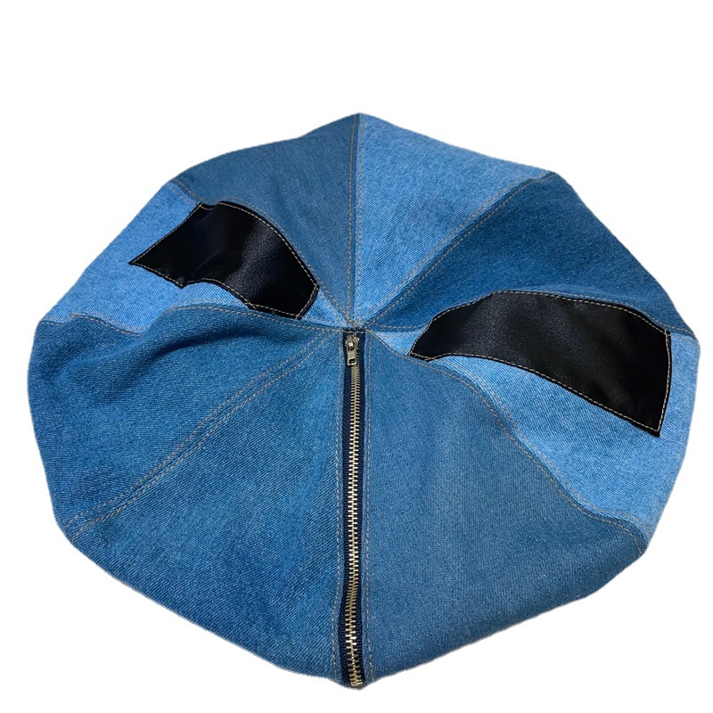 Washed Denim Niche Cloud Zip Beret Hat