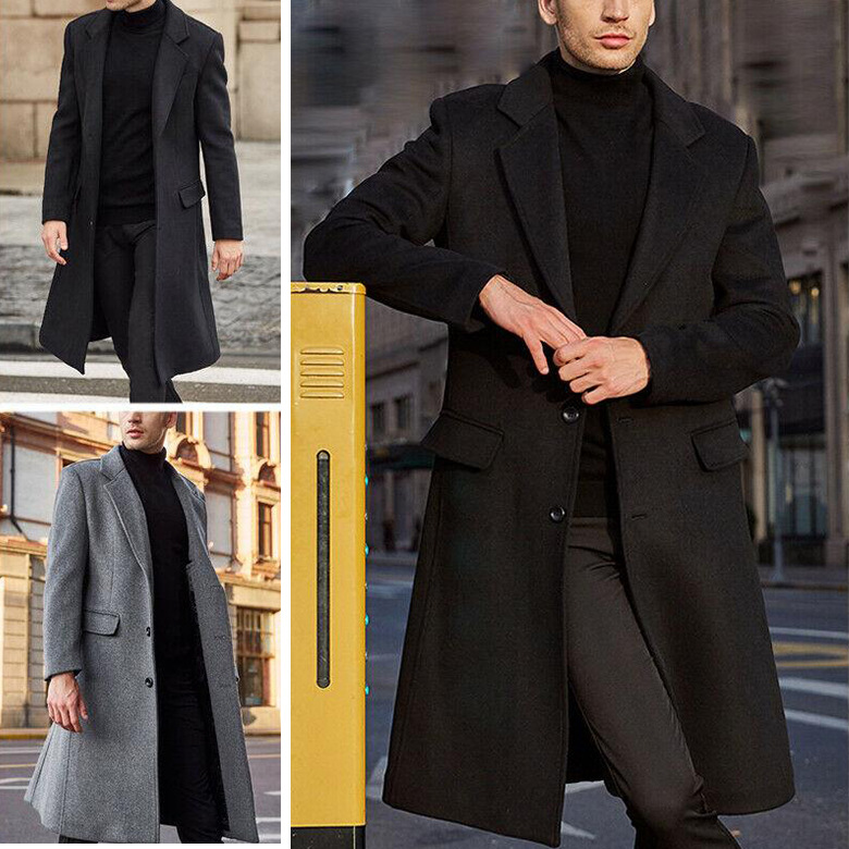 British Men's Long Trench Coat Black