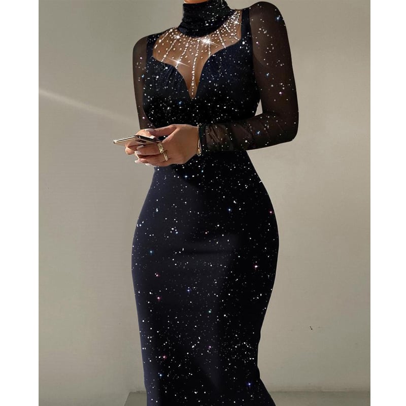 Mesh Stitching Hot Drilling Dress Image 2