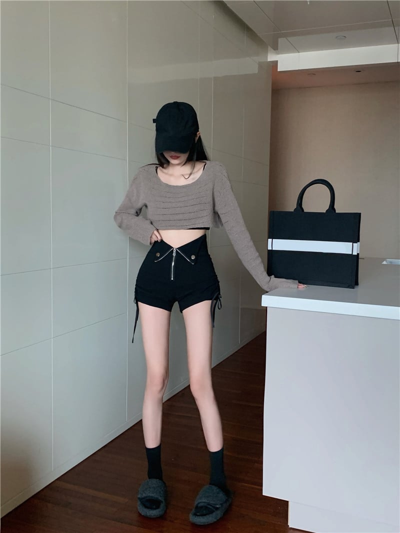 High-Waist Zip-Front Ruched Shorts