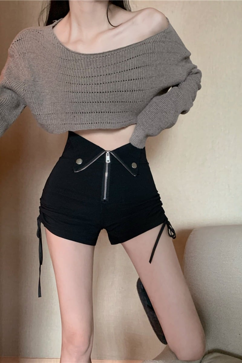 High-Waist Zip-Front Ruched Shorts